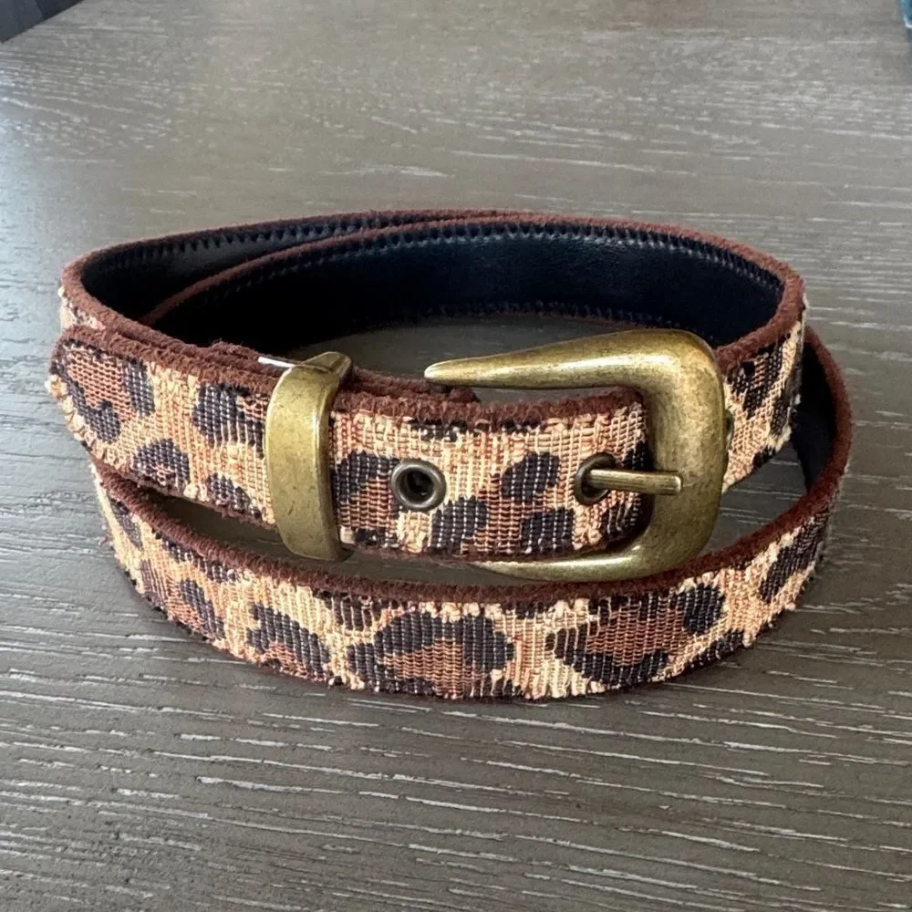 ELITE Accessories Fabric Leopard Print Belt Antiqued Gold Buckle Made in USA L